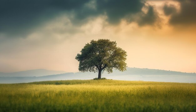 Tranquillo tramonto su sagome di alberi di prato rurale contro il cielo giallo generato dall'intelligenza artificiale