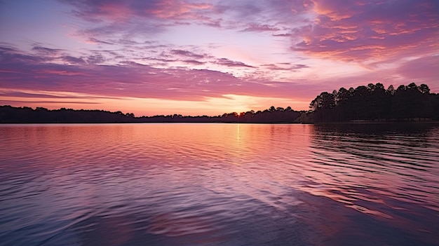 Tranquillo tramonto su un lago calmo con sfumature viola e oro