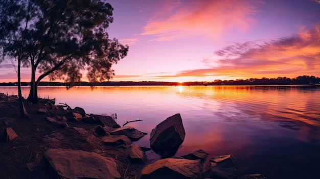 Tranquillo tramonto su un lago calmo con sfumature viola e oro