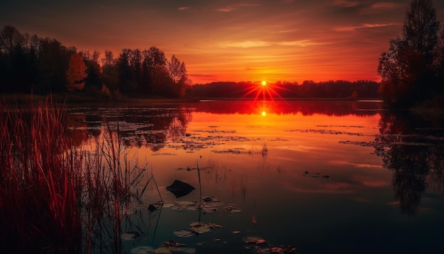 Tranquillo tramonto sul paesaggio rurale che riflette i vivaci colori autunnali generati dall'intelligenza artificiale