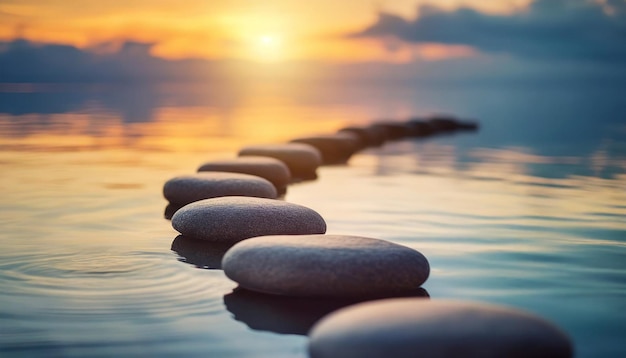 Tranquillo tramonto sul sentiero Zen con pietre lisce sopra l'acqua che simboleggiano la pace e la promessa di un