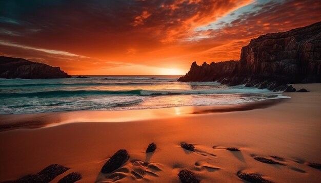 Tranquillo tramonto sulla maestosa costa onde si schiantano sulla riva rocciosa generate dall'intelligenza artificiale