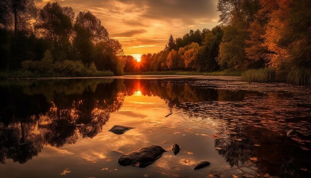 Tranquillo tramonto sulla vibrante foresta che si riflette in un tranquillo laghetto generato dall'intelligenza artificiale