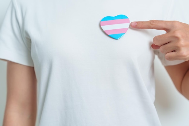 Transgender Day e mese dell'orgoglio LGBT Concetto LGBTQ o LGBTQIA mano che tiene a forma di cuore blu rosa e bianco per la comunità lesbica gay bisessuale transgender queer e pansessuale