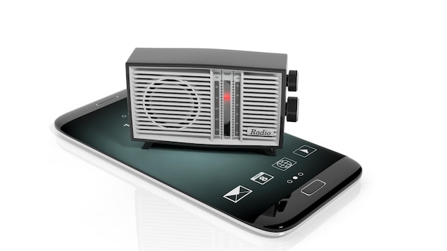 Transistor radio antico sullo schermo dello smartphone isolato su sfondo bianco rendering 3D