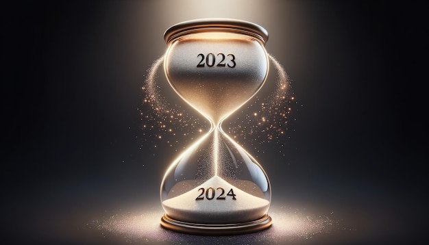 Transizione a clessidra dal 2023 al 2024 con magia scintillante Felice anno nuovo 2024