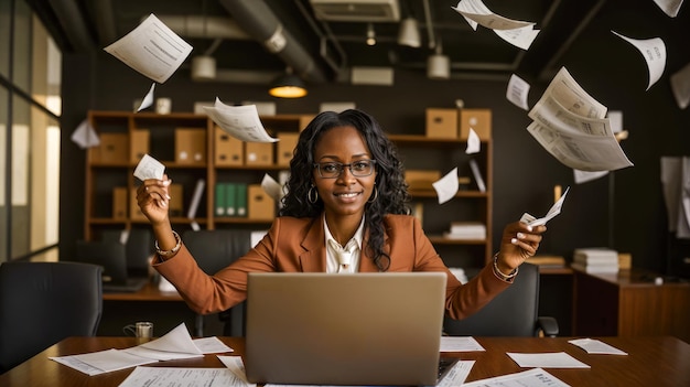 transizione al lavoro senza documenti donna d'affari afroamericana in ufficio finisce il lavoro con i documenti fine del lavoro prima delle vacanze fine settimana di vacanza