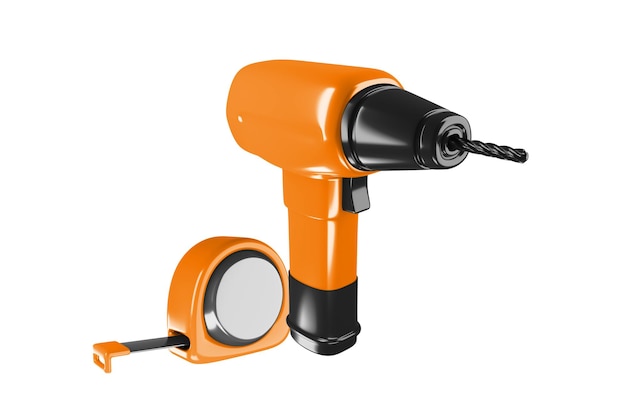 Trapano arancione cordless e metro a nastro 3d rendering