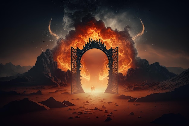 Trappola a forma di fuoco ardente sul terreno a forma di porta dell'inferno