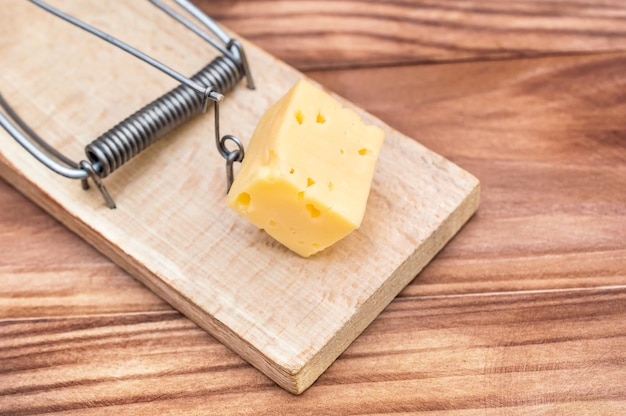 Trappola per topi con formaggio su fondo in legno Primo piano