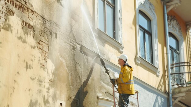 Trasformazione di pareti sporche Rivitalizzazione delle facciate degli edifici con un servizio di pulizia a getto d'acqua ad alta pressione