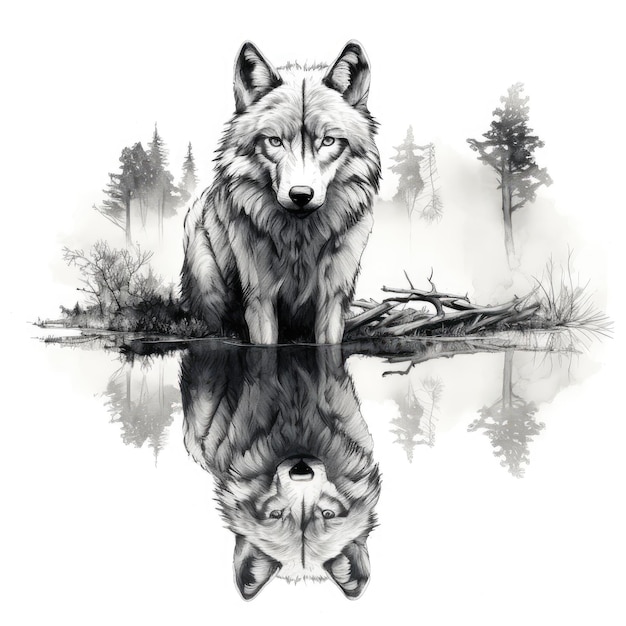 Trasformazione mistica Un fantastico tatuaggio in bianco e nero sull'avambraccio del riflesso di un lupo