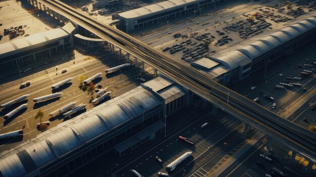 Trasporti Hub Vista aerea aerei treni e camion che si muovono in armonia