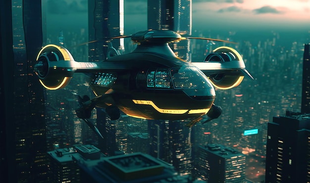 Trasporto aereo futuristico con taxi aerei cittadini che sorvolano una vivace metropoli incandescente