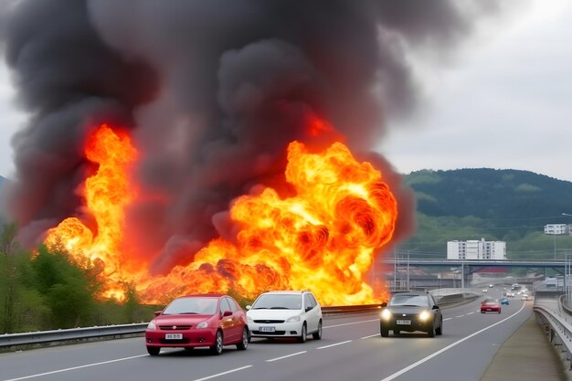 Trasporto di carburante in fiamme Camion in fiamme sulla strada Rete neurale arte generata dall'AI