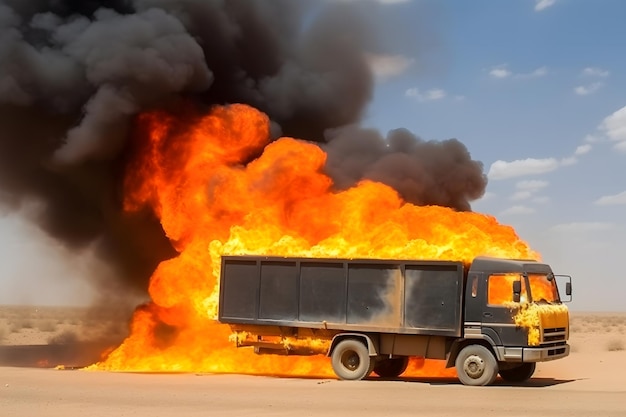 Trasporto di carburante in fiamme Camion in fiamme sulla strada Rete neurale arte generata dall'AI