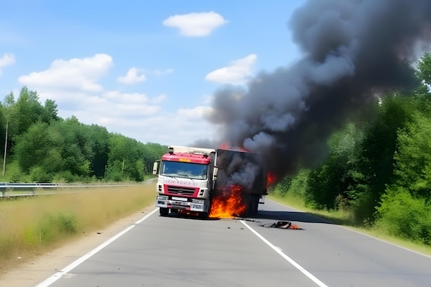Trasporto di carburante in fiamme Camion in fiamme sulla strada Rete neurale generata dall'AI