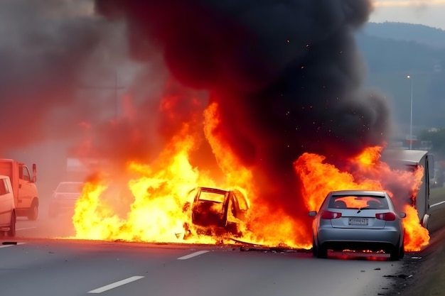 Trasporto di carburante in fiamme Camion in fiamme sulla strada Rete neurale generata dall'AI