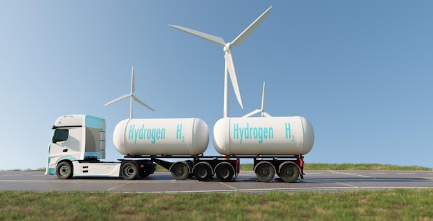 Trasporto di stoccaggio di combustibile a idrogeno con sfondo di turbina eolica