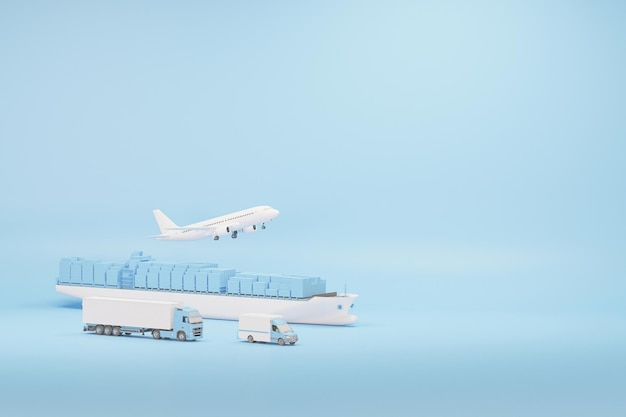 Trasporto e logistica della nave cargo container e dell'aereo cargo 3d rendering