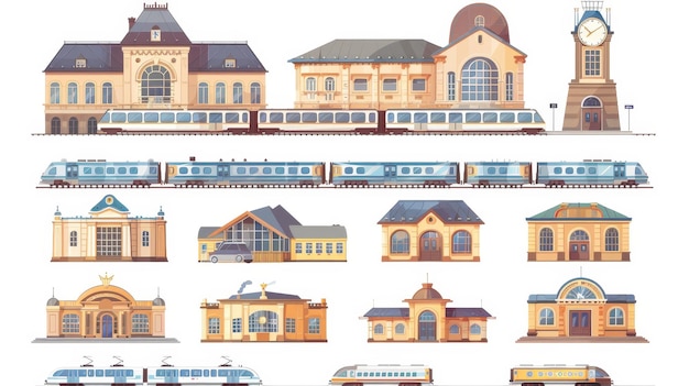 Trasporto ferroviario terminal edificio esteriore piattaforme di arrivo orario ferroviario orologio a scheda illustrazioni moderne piatte su sfondo bianco