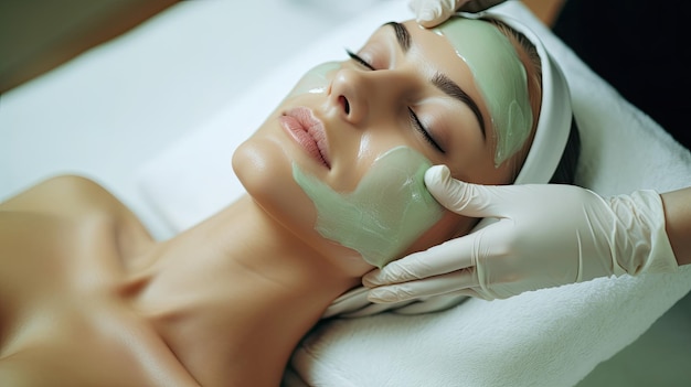 Trattamento termale viso con maschera verde ringiovanente femminile da parte di un cosmetologo professionista esperto