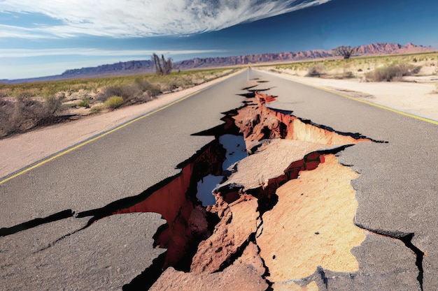 Tratto di strada asfaltata gravemente danneggiata da un terremoto La superficie della strada