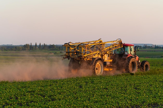 Trattore che lavora in azienda al tramonto Trattore sul campo Macchine agricole Attrezzature speciali agricoltura