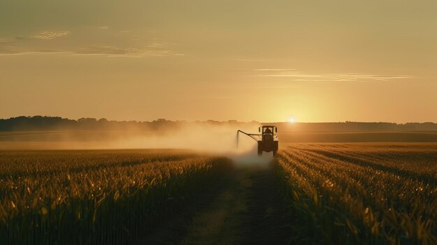 Trattore che spruzza pesticidi sui campi di mais al tramonto