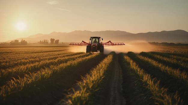 Trattore che spruzza pesticidi sui campi di mais al tramonto