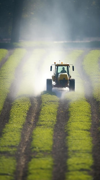 trattore che spruzza pesticidi sul campo di soia con lo spruzzatore in primavera