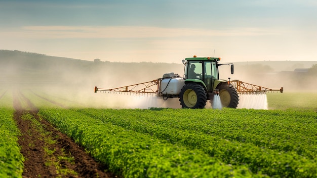 Trattore con uno spray agricolo lo spruzzatore sul campo Illustratore di intelligenza artificiale generativa