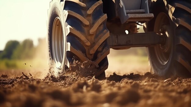 Trattore sul campo da vicino Sfondo agricolo IA generativa