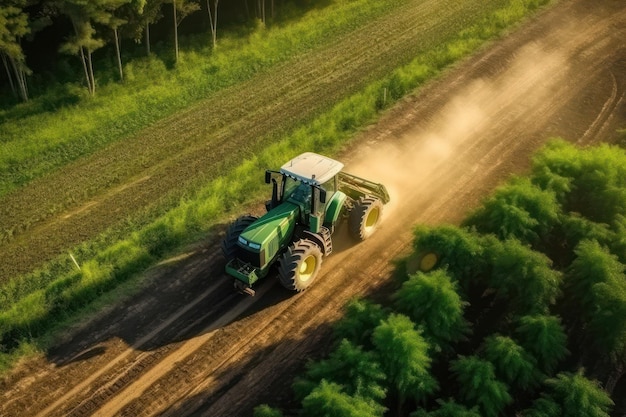 Trattore sul campo vista aerea Agricoltura e macchinari IA generativa