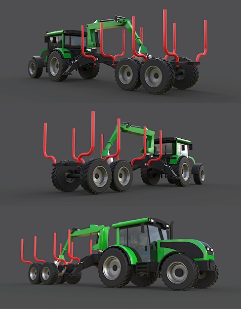 Trattore verde con rimorchio per la registrazione su sfondo grigio rendering 3d