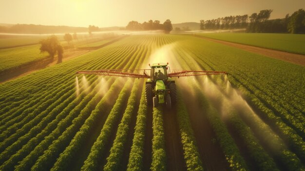 Trattore vista aerea che spruzza i prodotti chimici sul grande campo verde AI generativo