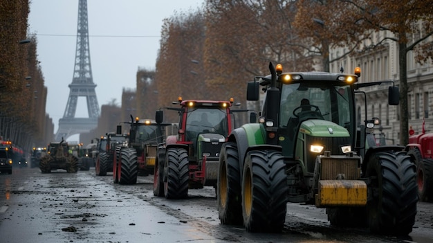 trattori agricoli che guidano lungo la strada in città protestando con la torre sullo sfondo dello sciopero