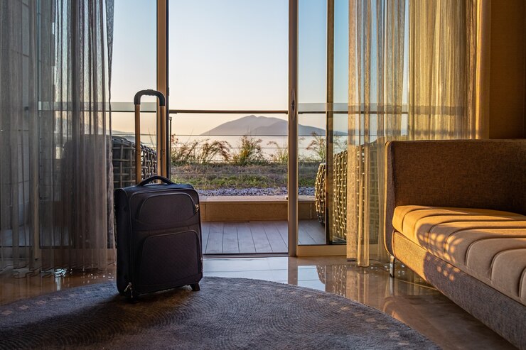 Travel bag in front of the window in a hotel room