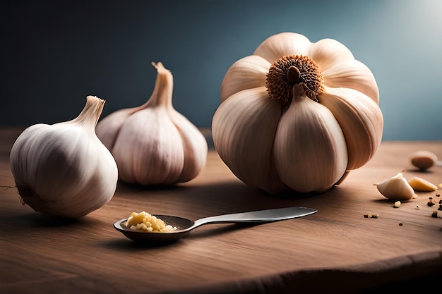 Tre aglio su un tavolo con accanto un cucchiaio