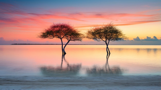 Tre alberi in fila in riva all'oceano al tramonto Florida Keys