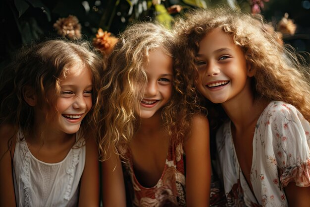 Tre amiche felici sui 10 anni che si divertono nel parco