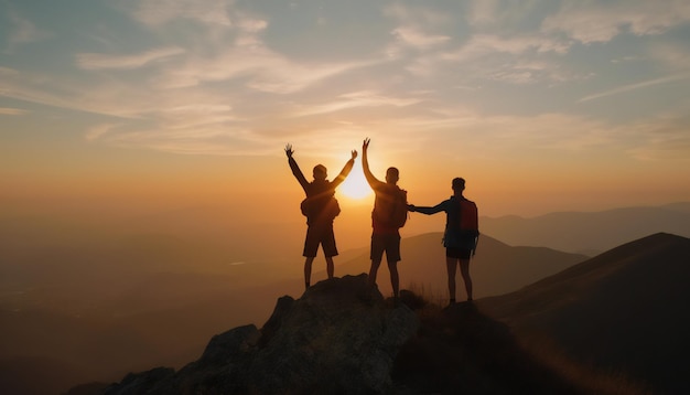 Tre amici che celebrano il successo in cima a una montagna generativa ai