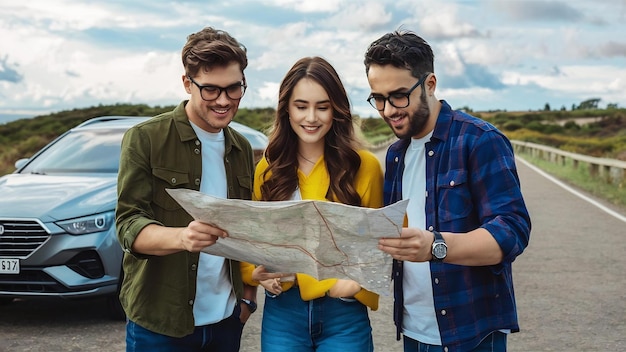 Tre amici che guardano la mappa in piedi vicino all'auto moderna sulla strada