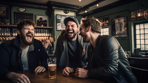 Tre amici che ridono in un bar.
