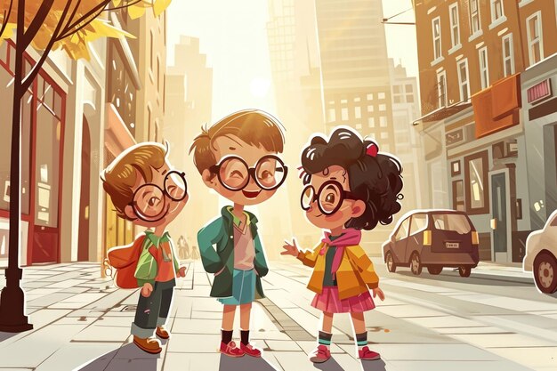 Tre amici in abiti brillanti si stanno divertendo durante le vacanze estive in strada Cartoon
