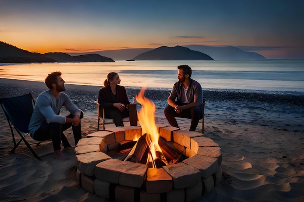 Tre amici si siedono attorno a un fuoco su una spiaggia, uno dei quali ha alle spalle un tramonto.