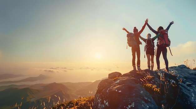 Tre amici sono in piedi sulla cima di una montagna a guardare il panorama sono tutti indossare zaini e hanno le braccia in aria