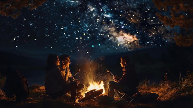 Tre amici stanno campeggiando insieme nel deserto hanno costruito un fuoco da campo e stanno arrostendo marshmallows