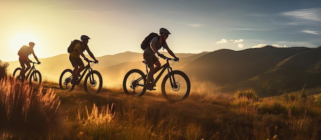 Tre amici su biciclette elettriche che si godono un giro panoramico attraverso bellissime montagne