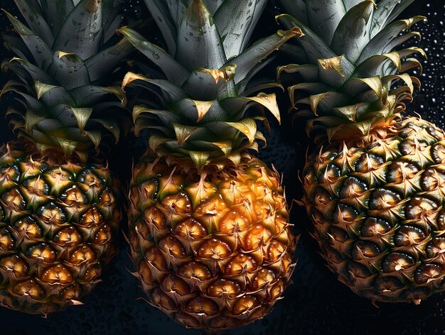 Tre ananas sono allineati in fila.